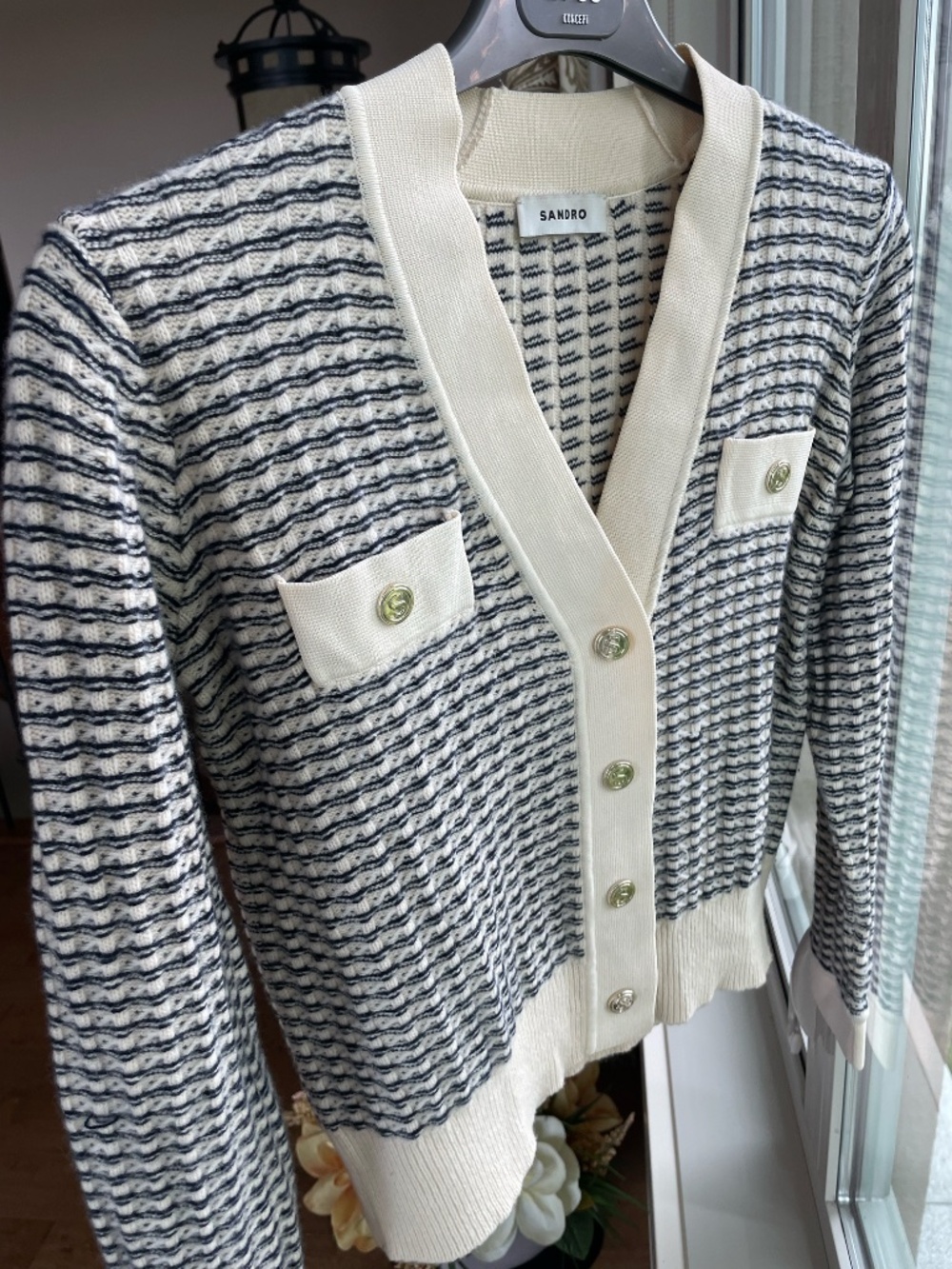 Sandro Paris Wool Tweed-Knit Cardigan | Silver Crest Buttons | size small/1